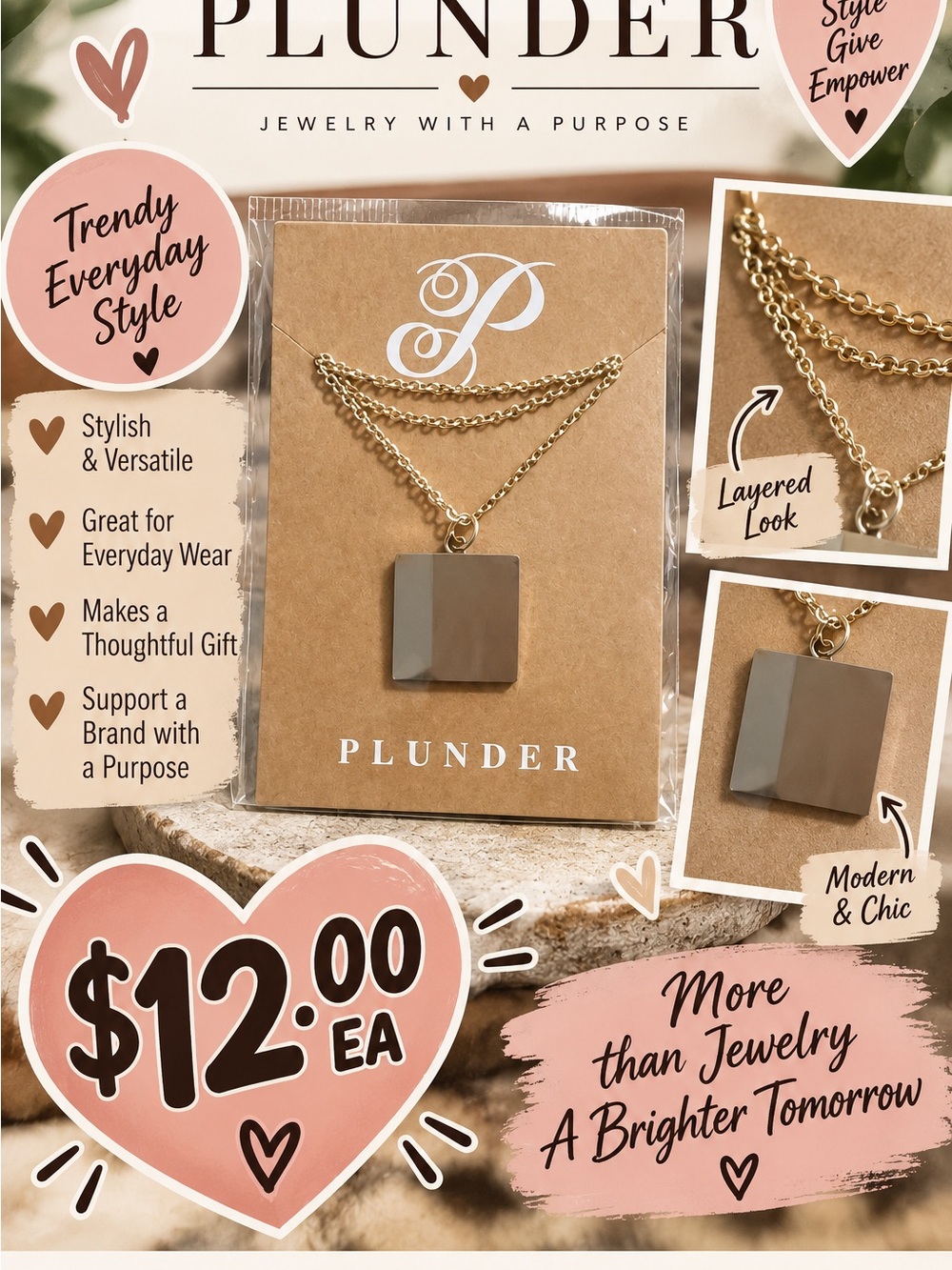 Plunder Silver tone Layered Necklace with Taupe Square Pendant
